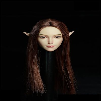 1/6 Scale Beauty Elf Girl Pale Skin Planted Hair Head Sculpt Carved for 12inch Action Figure Body Collection (Long Brown Hair)