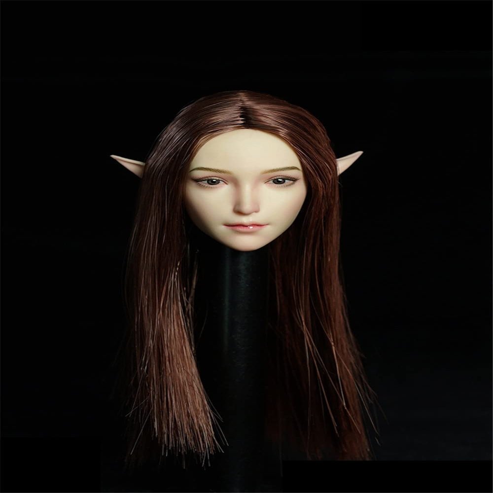 1/6 Scale Beauty Elf Girl Pale Skin Planted Hair Head Sculpt Carved for 12inch Action Figure Body Collection (Long Brown Hair)