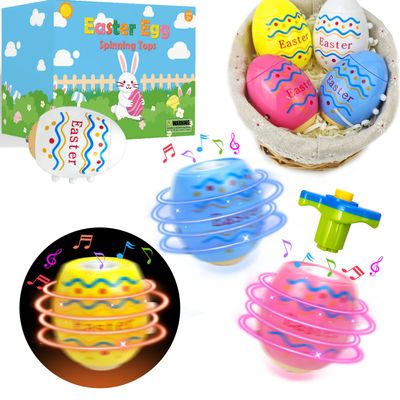 Easter Eggs Basket Stuffers Toys Gifts for Toddler Boys Girls,4 Pack Light up Spinning Tops with Music, Non Candy Spring Easter Egg Hunt Party Favor Supplies Goodie Bag Filler Classroom Prize for Kids