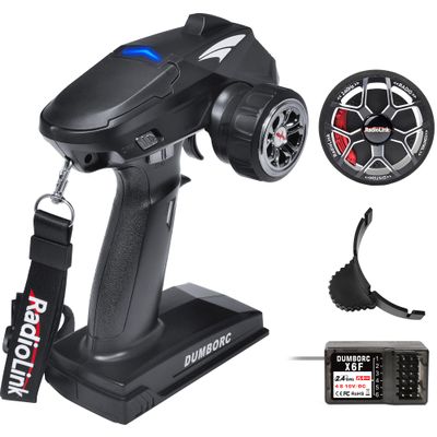 DUMBORC X4 2.4GHz 4-Channel RC Radio Transmitter and X6F Receiver&Alloy Steering Wheel with Fail-Safe & Low Voltage Alarm Function Mixed Mode for Rc Vehicle Car Boat Tank Model Parts Remote Controller