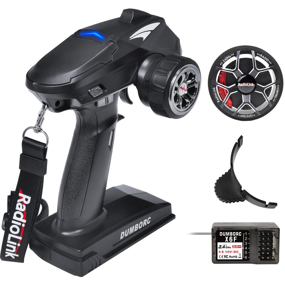 DUMBORC X4 2.4GHz 4-Channel RC Radio Transmitter and X6F Receiver&Alloy Steering Wheel with Fail-Safe & Low Voltage Alarm Function Mixed Mode for Rc Vehicle Car Boat Tank Model Parts Remote Controller