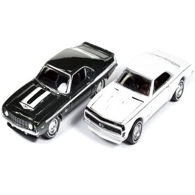1969 Chevy Camaro Fathom Green Metallic with White Stripes and 1967 Chevy Camaro White with Black Nose Stripe Yenko Series Set of 2 Cars 1/64 Diecast Model Cars by Johnny Lightning JLPK019-JLSP276A