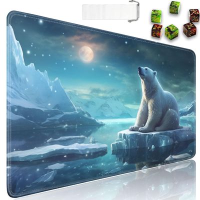 for MTG Playmat + Drawstring Travel Pouch + 6 Dice Counter, for Tabletop Trading Card Game Playmats or Large Mouse Pad, Anti-Slip Rubber 24 x 14 in, Cute Polar Bear for TCG Playmat
