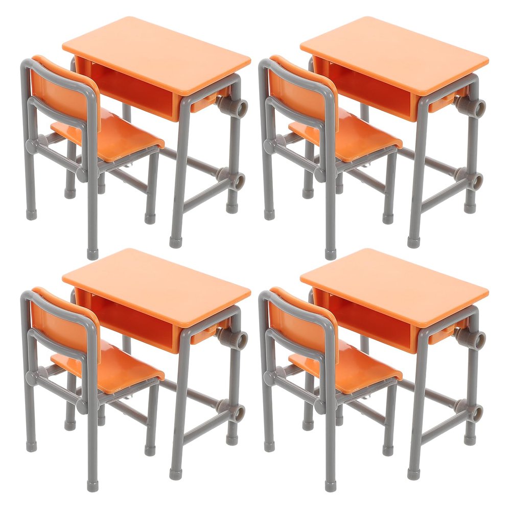 4 Sets Dollhouse Desk Chair Set School Model Mini Schoolbags Miniature School Furniture Set for Collectors Decor
