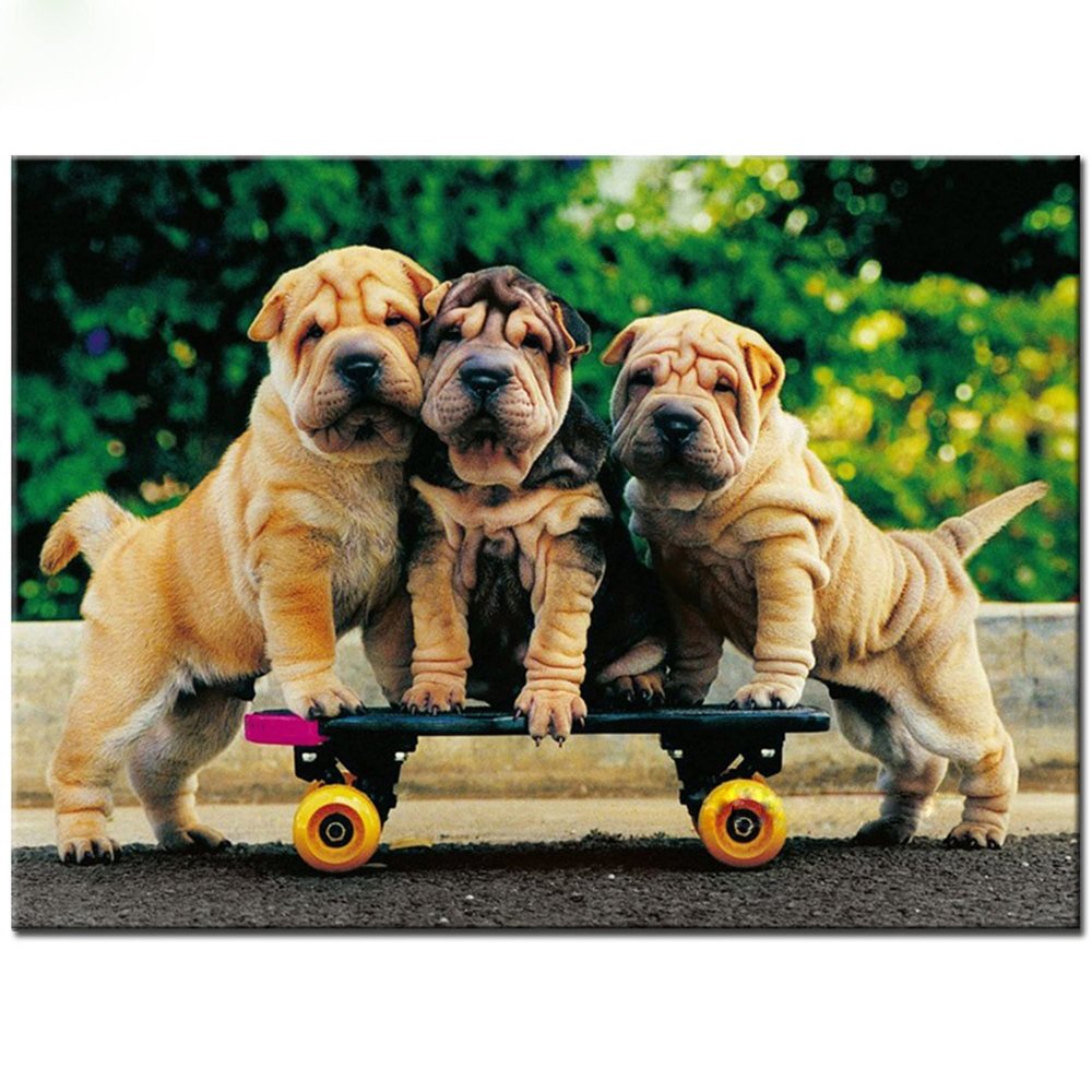 1000 Piece Wooden Puzzle for Adults Three Shar Pei Dog Playing Skateboarding Jigsaw Puzzle Challenging for Youth Children Fun Puzzle Family Game Preschool Toys Best Gift