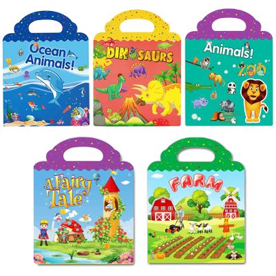 Reusable Sticker Book for Kids, 5 Sets Educational Learning Toys Travel Stickers Activity Books for Toddler Girls Boys Age 3+ Birthday Gifts - Fairy, Ocean, Farm, Dinosaur & Animals