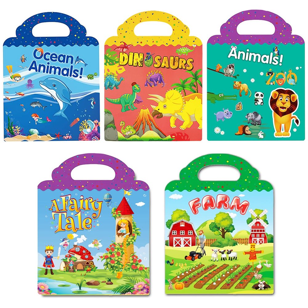 Reusable Sticker Book for Kids, 5 Sets Educational Learning Toys Travel Stickers Activity Books for Toddler Girls Boys Age 3+ Birthday Gifts - Fairy, Ocean, Farm, Dinosaur & Animals