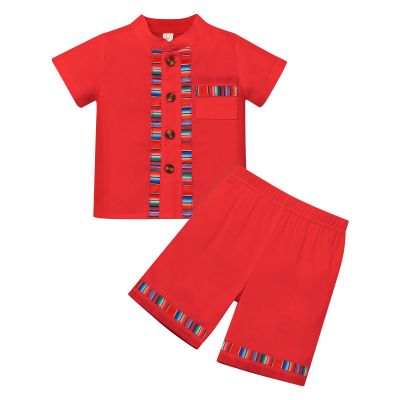 AFAVOM Toddler Boys Mexican Outfits Short Sleeve Button Down Shirt Top with Shorts Kids cinco de mayo Fiesta Costume Mexico Traditional Clothes Casual Ethnic Wear T Shirt Pants 2PCS Red 3-4 Years
