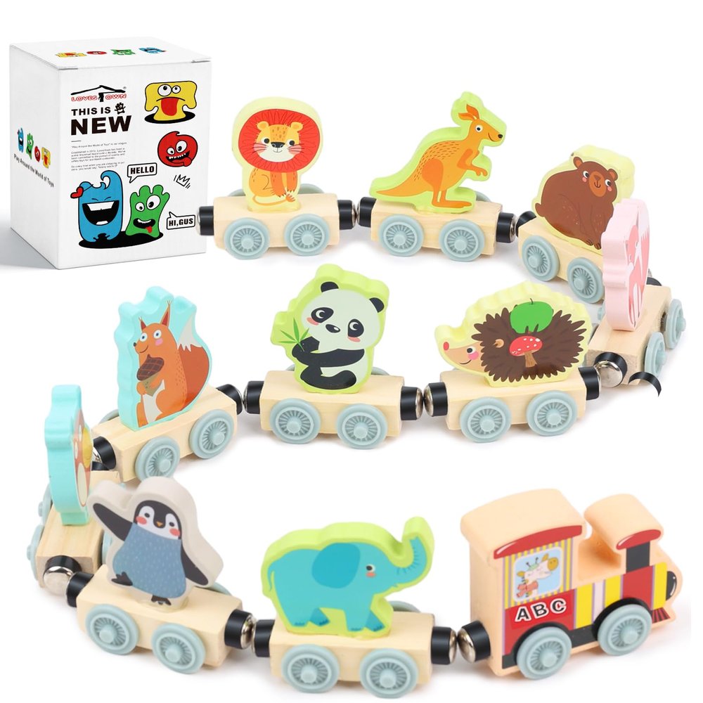 LovesTown Magnetic Train Set for Toddlers, Montessori Learning Toys, Magnet Cars with Animals