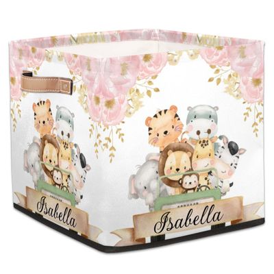 Custom Storage Baskets Personalized Storage Bins Basket Boxes with PU Leather Handles for Clothes Bedroom Closet Organizing Toys Books Shelves Storage Boxes-Pink Safari Animals