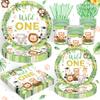 120PCS Wild One Party Supplies for Boys 1st Kids First Birthday Party Jungle Animal Safari Decorations Woodland themed Tableware Set Plates Napkins Cups Set for 20 Guests view 1