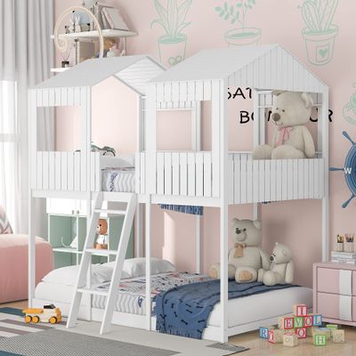 WEALTHKING Spacious Bunk Bed with Playhouse Design, Rustic Wooden Frame with Roof and Window, Sturdy Guardrails and Built-in Ladder, Versatile Sleeping and Play Space for Home (White,Full over Full)