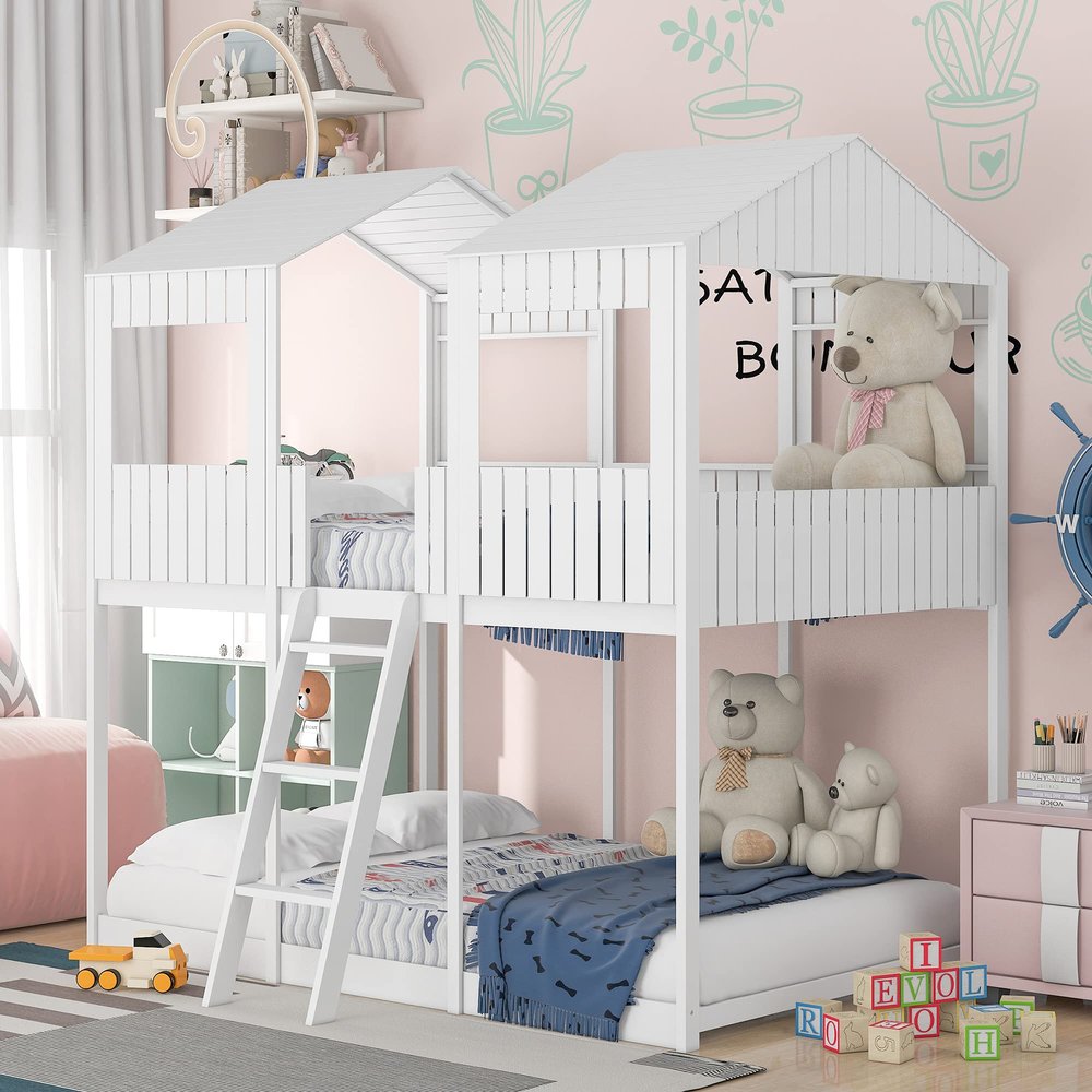 WEALTHKING Spacious Bunk Bed with Playhouse Design, Rustic Wooden Frame with Roof and Window, Sturdy Guardrails and Built-in Ladder, Versatile Sleeping and Play Space for Home (White,Full over Full)