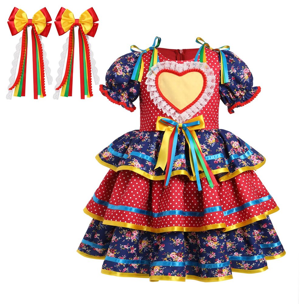 ABEWIP Traditional Mexican Dress for Girl Toddler Kids Cinco De Mayo Ruffle Tiered Dresses with Hair Clips Red 2-3Y