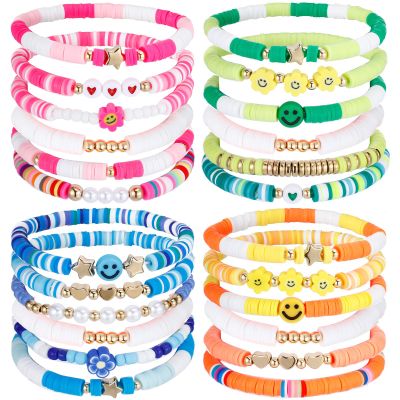 Sureio 24 Pcs Colorful Heart Smile Face Flower Friendship Bracelets Surfer Stretch Beaded Bracelet for Women Summer Beach Birthday Valentine's Day Party Favors