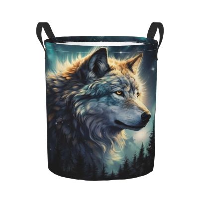 Foruidea Wolf Animal Print Moon Laundry Basket,Laundry Hamper,Collapsible Storage Bin, Oxford Fabric Clothes Baskets,Nursery Hamper For Home,Office,Dorm,Gift Basket