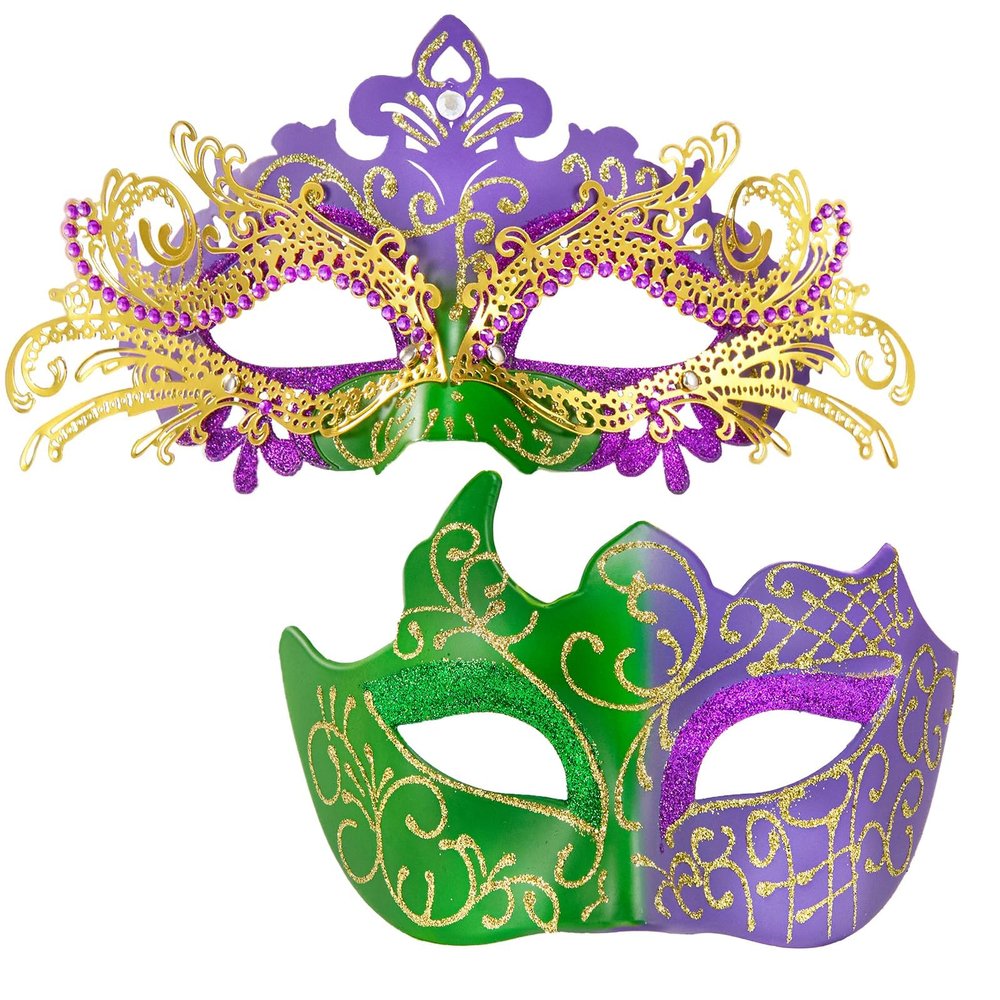 MYSEUNI Mardi Gras Mask for Women & Mens Venetian Carnival Masks, Shiny Rhinestone Masquerade Party Couple Mask Set