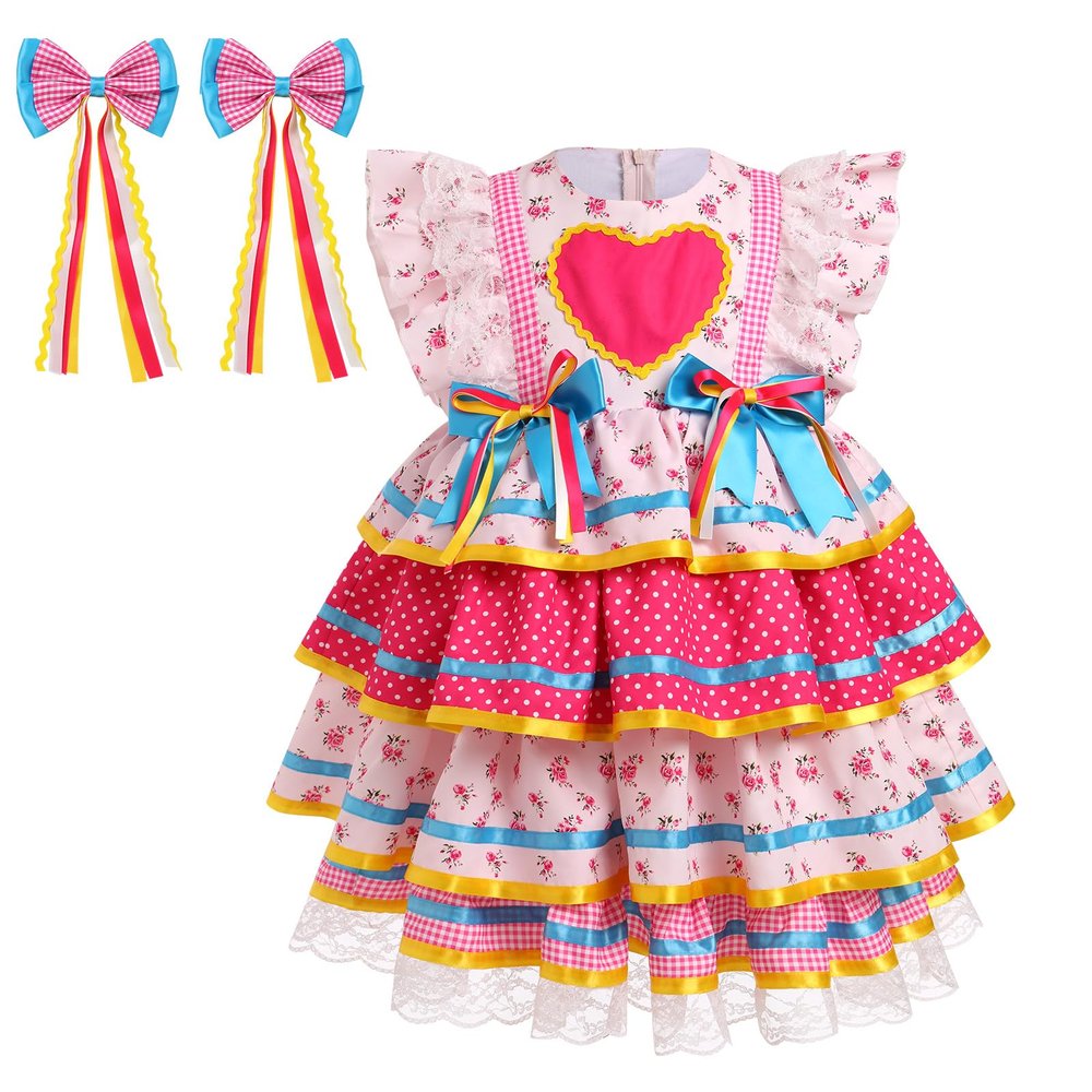 ABEWIP Traditional Mexican Dress for Girl Toddler Kids Cinco De Mayo Ruffle Tiered Dresses with Hair Clips Pink 18-24M
