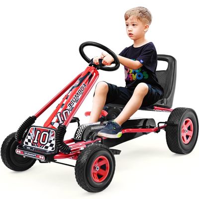 DORTALA Go Kart for Kids, 4 Wheel Off-Road Pedal Powered Go Cart with 2-Position Adjustable Bucket Seat, Safety Brakes, EVA Rubber Tires, Outdoor Ride On Racer Pedal Car for Boys & Girls (Red)