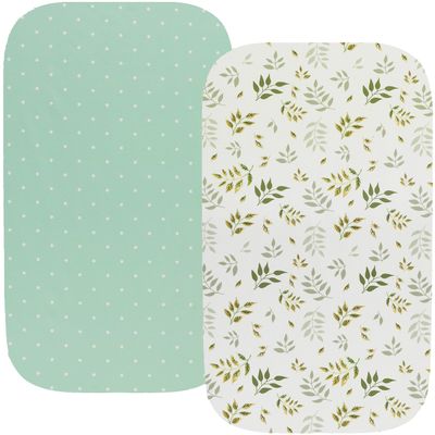 Waterproof Bassinet Sheets, No Need for Bassinet Mattress Pad Cover, 2 Pack Stretch Jersey Knit Super Soft fit for Cradle Oval Rectangle Hourglass Mattress Green Botanical Leaf & Dots