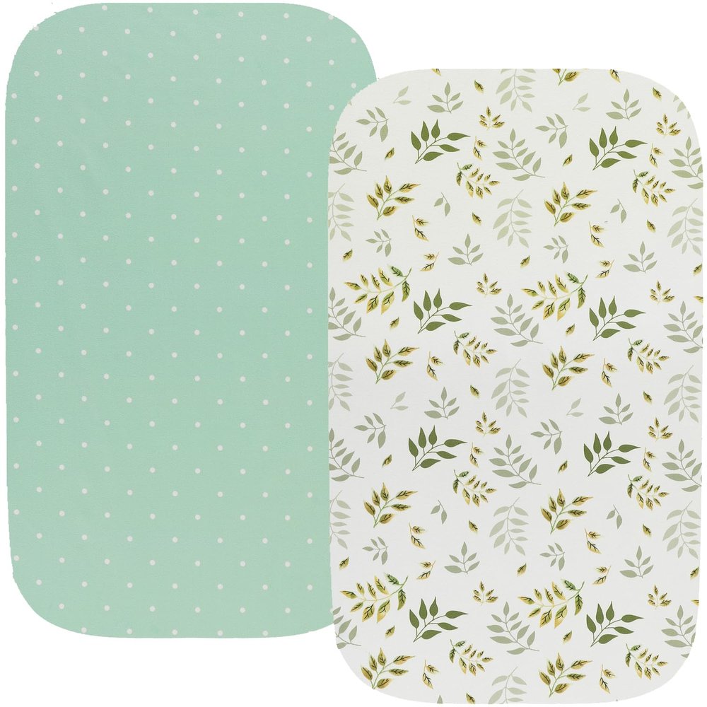 Waterproof Bassinet Sheets, No Need for Bassinet Mattress Pad Cover, 2 Pack Stretch Jersey Knit Super Soft fit for Cradle Oval Rectangle Hourglass Mattress Green Botanical Leaf & Dots