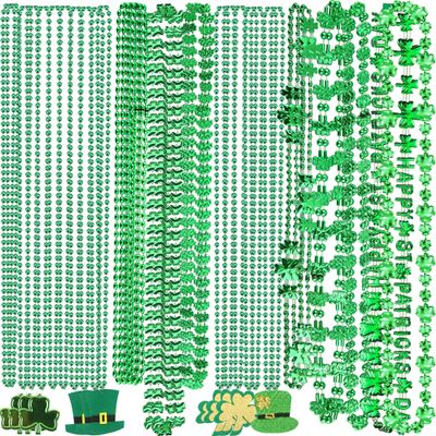 Haconba 48 Pcs St Patricks Day Necklace Shamrock Decor Bead Necklace Green Hat Necklace Irish Clover Necklace for Kids Adults St Patricks Day Irish Party Supplies