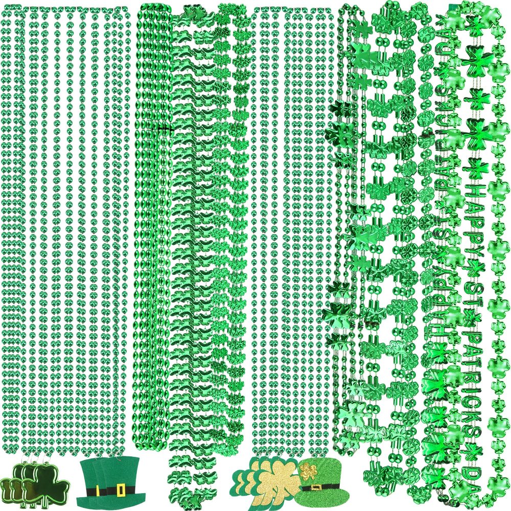 Haconba 48 Pcs St Patricks Day Necklace Shamrock Decor Bead Necklace Green Hat Necklace Irish Clover Necklace for Kids Adults St Patricks Day Irish Party Supplies