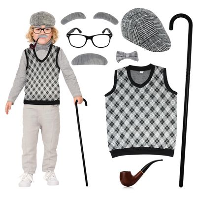 4E's Novelty Old Man Costume for Kids Ages 8-10 Years with Vest, Cane, 8Pcs Set - 100 Days of School Costume for Boys, Grandpa Dress Up Accessories Kit (Size Medium)