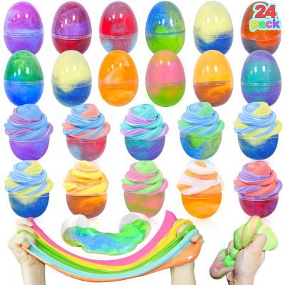 AMENON 24 Pack Easter Basket Filled with Butter Slime Kit Non-Sticky,Eggs Slime Stress Relief Squeeze Toys Surprise Egg for Kids Easter Hunt,Basket Stuffers for Classroom Prize and Party Favors