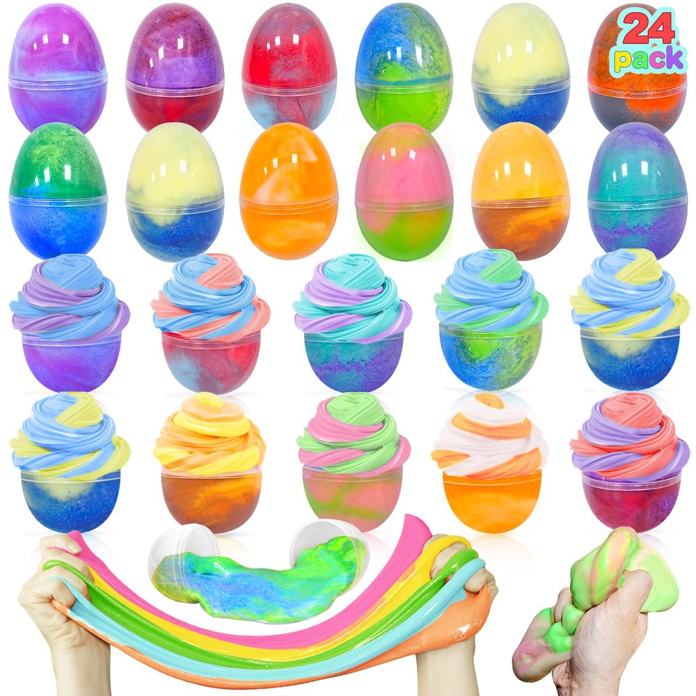 AMENON 24 Pack Easter Basket Filled with Butter Slime Kit Non-Sticky,Eggs Slime Stress Relief Squeeze Toys Surprise Egg for Kids Easter Hunt,Basket Stuffers for Classroom Prize and Party Favors