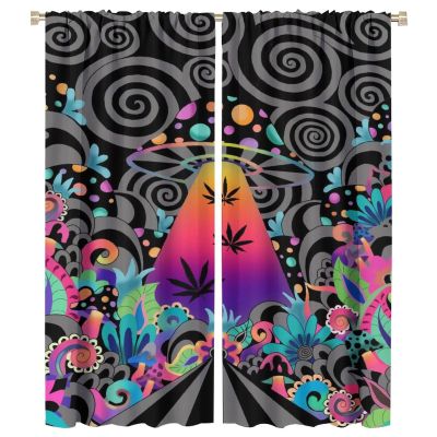 Mushroom Curtain Hippie UFO Nature Magic Art Cool Colorful Spacecraft Star Starry Sky for Kids Boy Girl Baby Bedroom Nursery Living Room Decor Drapes 2 Panels 42x54 Inch Decor, Style-1