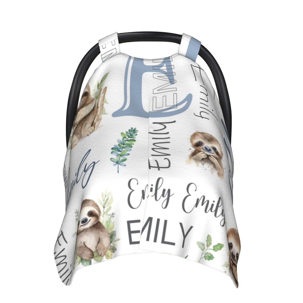 Personalized Baby Car Seat Cover Custom Name CarSeat Canopy Customized Sloth Newborn Nursing Breastfeeding Cover Minky Baby Blanket Infant Car Seat Canopies for Baby Girls Boys