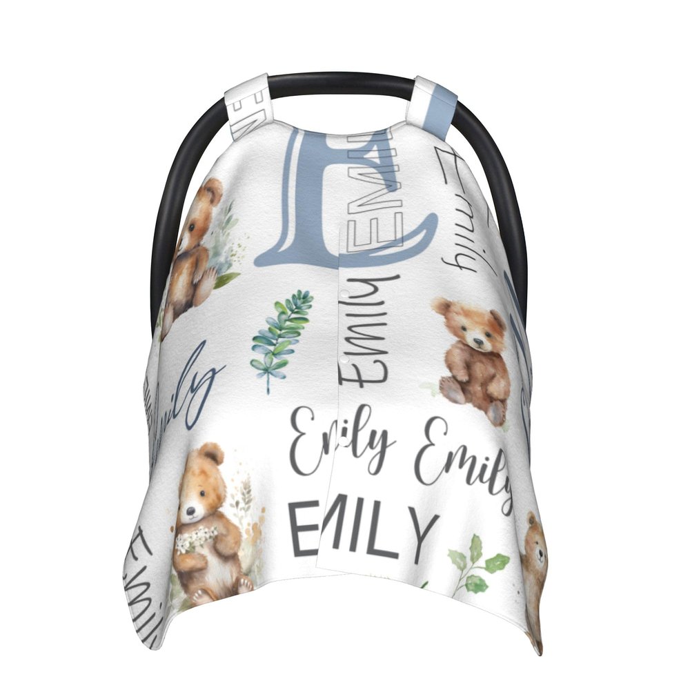 Personalized Baby Car Seat Cover Custom Name CarSeat Canopy Customized Bear Newborn Nursing Breastfeeding Cover Minky Baby Blanket Infant Car Seat Canopies for Baby Girls Boys