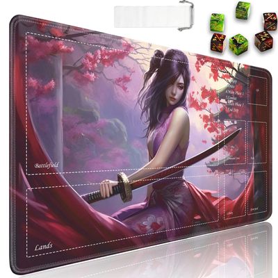 JVGFYNKL for TCG Playmat, Playmat with Zones, 24x14 in Non-Slip Rubber for MTG Playmat with Drawstring Travel Pouch and 6 Dice, Anime Girl for MTG Mat, Card Game Playmats