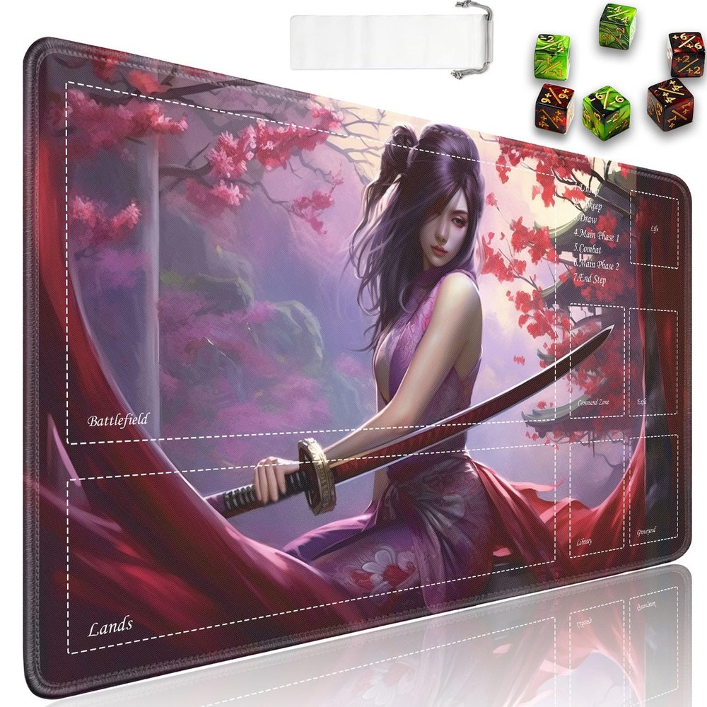 JVGFYNKL for TCG Playmat, Playmat with Zones, 24x14 in Non-Slip Rubber for MTG Playmat with Drawstring Travel Pouch and 6 Dice, Anime Girl for MTG Mat, Card Game Playmats