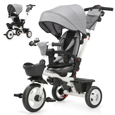 EOOWOY Toddler Tricycle with Push Handle, 7 in 1 Stroller Trike with 360 Swivel Seat, Reclining Backrest, All-Terrain Wheels, Dual Brakes, Canopy & Storage, Gift for Kids 18 Months to 5 Years, Gray