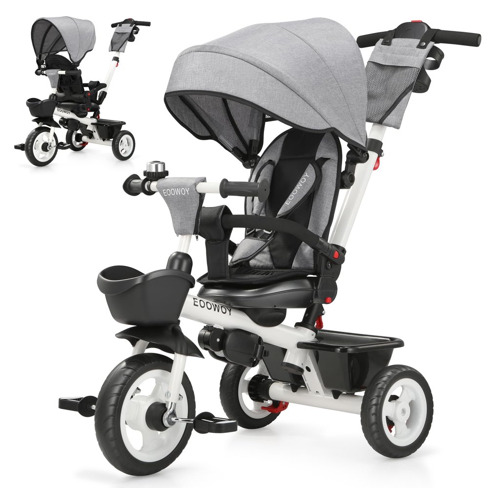 EOOWOY Toddler Tricycle with Push Handle, 7 in 1 Stroller Trike with 360 Swivel Seat, Reclining Backrest, All-Terrain Wheels, Dual Brakes, Canopy & Storage, Gift for Kids 18 Months to 5 Years, Gray