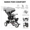 EOOWOY Toddler Tricycle with Push Handle, 7 in 1 Stroller Trike with 360 Swivel Seat, Reclining Backrest, All-Terrain Wheels, Dual Brakes, Canopy & Storage, Gift for Kids 18 Months to 5 Years, Gray view 3