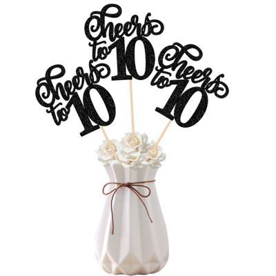 12 PCS Cheers to 10 Centerpiece Sticks Double Sided Glitter 10th Birthday Cake Toppers Number 10 Centerpieces Table Flower Topper Decorations for 10th Birthday Party Centerpiece Supplies Black