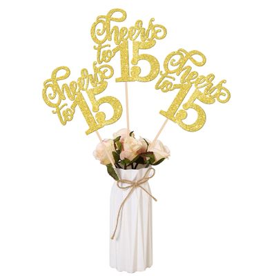 12 PCS Cheers to 15 Centerpiece Sticks Double Sided Glitter 15th Birthday Cake Toppers Number 15 Centerpieces Table Flower Topper Decorations for 15th Birthday Party Centerpiece Supplies Gold