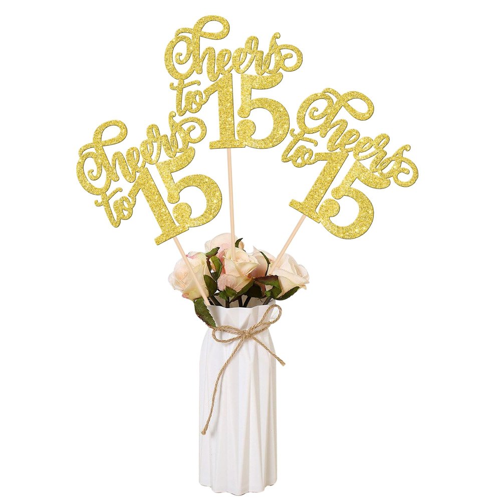 12 PCS Cheers to 15 Centerpiece Sticks Double Sided Glitter 15th Birthday Cake Toppers Number 15 Centerpieces Table Flower Topper Decorations for 15th Birthday Party Centerpiece Supplies Gold