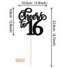 12 PCS Cheers to 16 Centerpiece Sticks Double Sided Glitter 16th Birthday Cake Toppers Number 16 Centerpieces Table Flower Topper Decorations for 16th Birthday Party Centerpiece Supplies Black view 2
