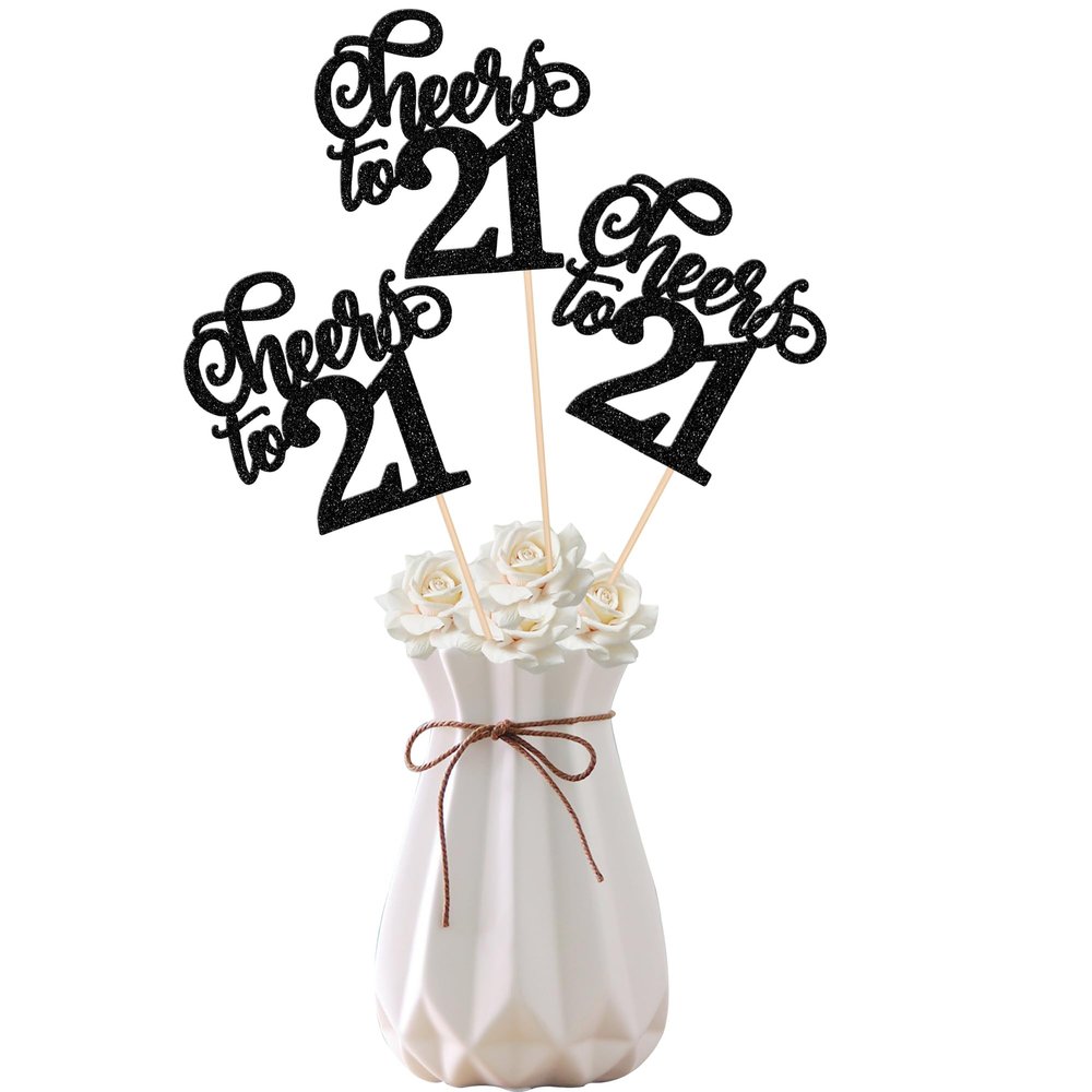 12 PCS Cheers to 21 Centerpiece Sticks Double Sided Glitter 21st Birthday Cake Toppers Number 21 Centerpieces Table Flower Topper Decorations for 21st Birthday Party Centerpiece Supplies Black