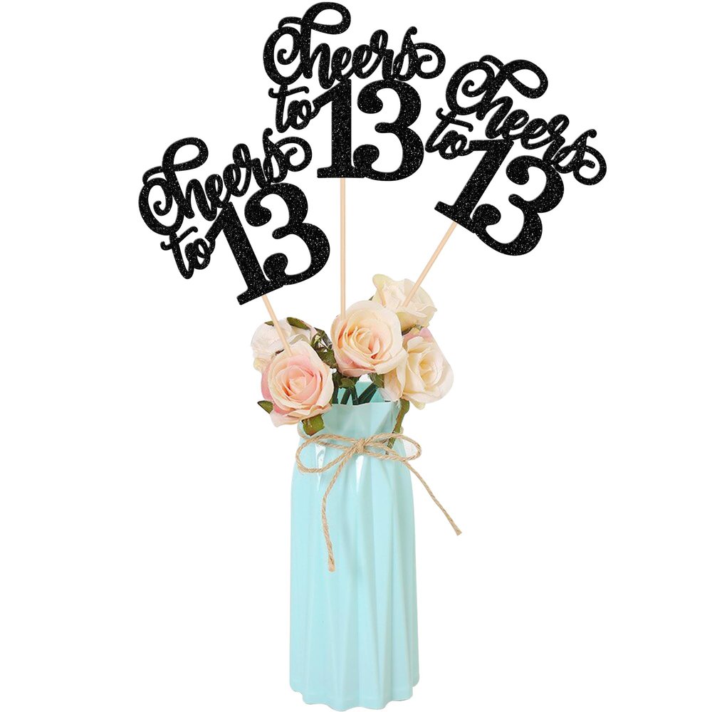 12 PCS Cheers to 13 Centerpiece Sticks Double Sided Glitter 13th Birthday Cake Toppers Number 13 Centerpieces Table Flower Topper Decorations for 13th Birthday Party Centerpiece Supplies Black