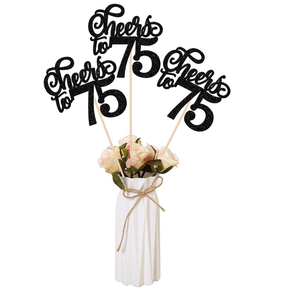 12 PCS Cheers to 75 Centerpiece Sticks Double Sided Glitter 75th Birthday Cake Toppers Number 75 Centerpieces Table Flower Topper Decorations for 75th Birthday Party Centerpiece Supplies Black