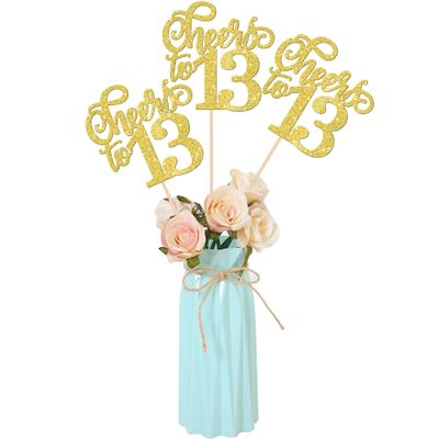 12 PCS Cheers to 13 Centerpiece Sticks Double Sided Glitter 13th Birthday Cake Toppers Number 13 Centerpieces Table Flower Topper Decorations for 13th Birthday Party Centerpiece Supplies Gold