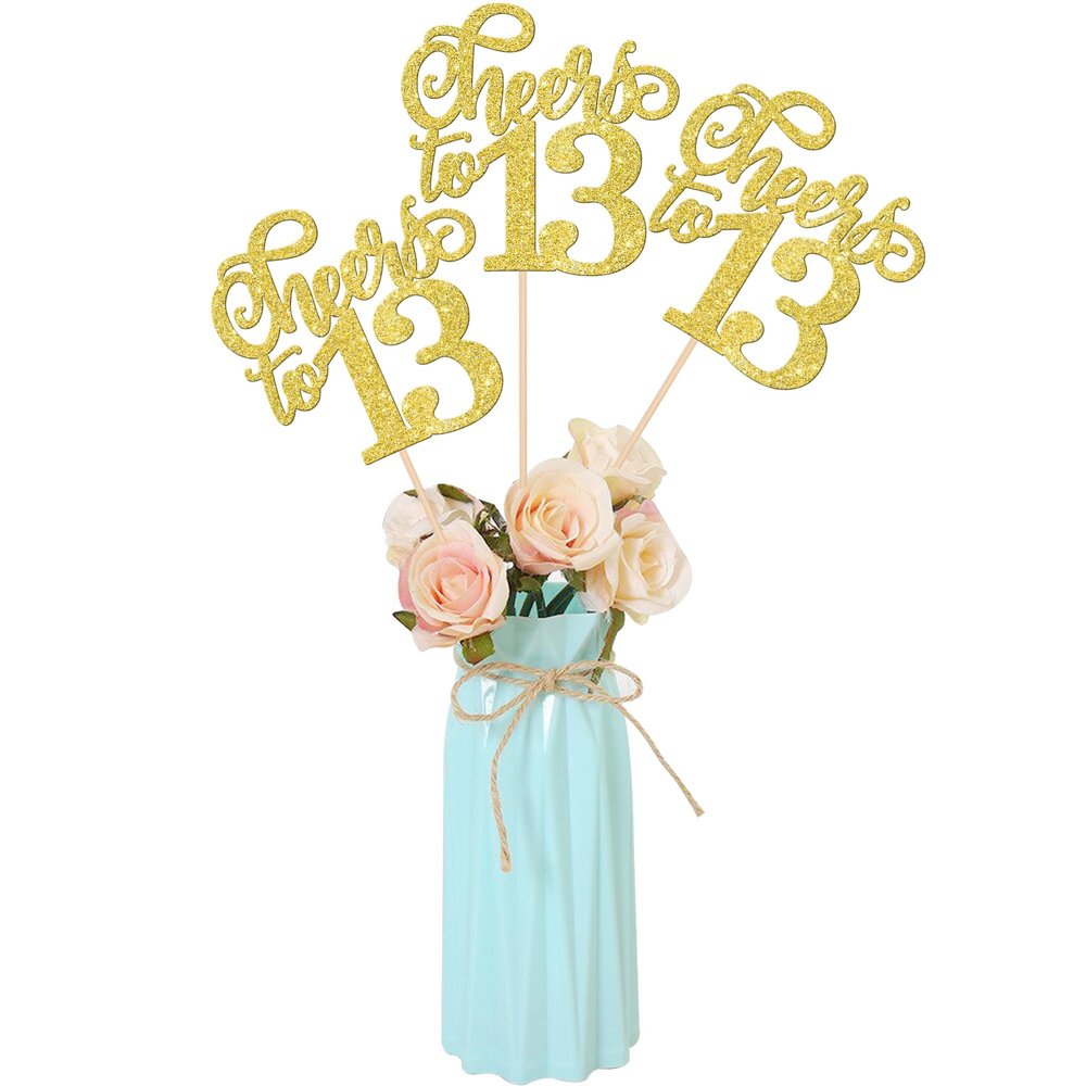 12 PCS Cheers to 13 Centerpiece Sticks Double Sided Glitter 13th Birthday Cake Toppers Number 13 Centerpieces Table Flower Topper Decorations for 13th Birthday Party Centerpiece Supplies Gold