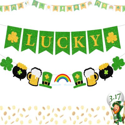 16pcs St Patricks Day Banner, Glitter Lucky Banner with St Patrick's Day Garland, St Patricks Day Decorations, St Pattys Day Accessories, Spring Shamrock Decorations, St Patrick's Day Party Favors