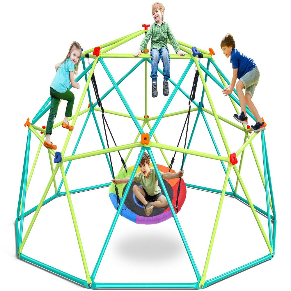 Hapfan 10 ft Climbing Dome Swing Set with Saucer Swing, Jungle Gym for Kids Outdoor Backyard, Supports 800lbs, Easy Asssembly, Rust-Resistant Outdoor Playset for Ages 3-8 8-12