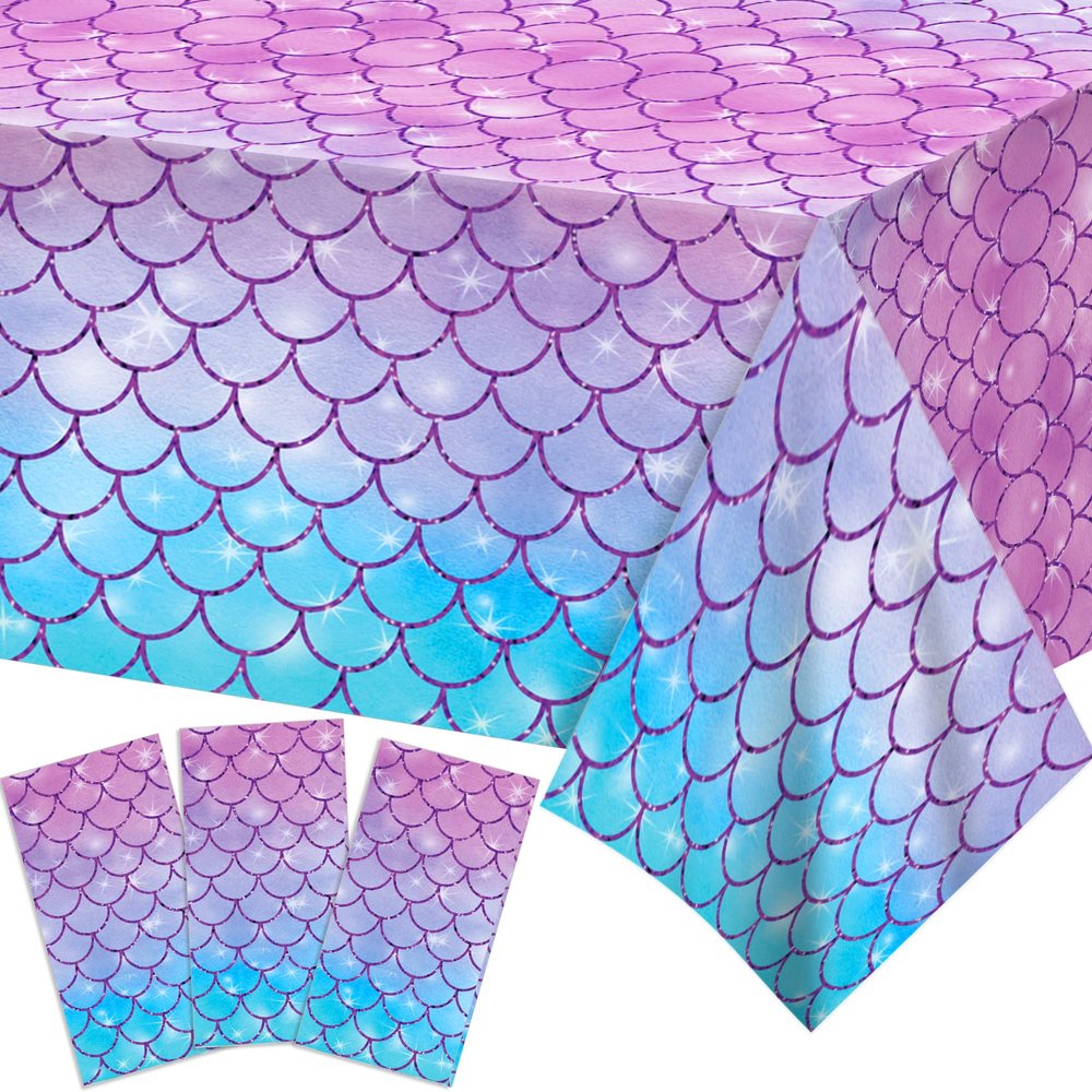 Adirasenotek 3Pcs Mermaid Tablecloths,Mermaid Birthday Decorations Rectangular Plastic Table Covers,Kids' Party Disposable Tablecloths for Decoration,Birthday Party,Baby Showers,87" Lx51 W